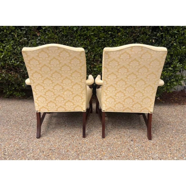 Traditional Pale Buttercream Yellow Damask Carved Mahogany Martha Washington Library Living Room Chairs, a Pair For Sale - Image 6 of 12