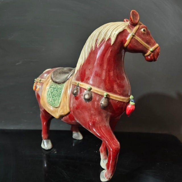 1950s 1. **Hand-Painted Ceramic Horse Statue, Red Body, Cream Mane & Tail, Saddle & Bell Accents** For Sale - Image 5 of 6