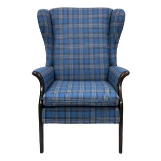 1960s Blue Plaid Parker Knoll Wing Armchair For Sale