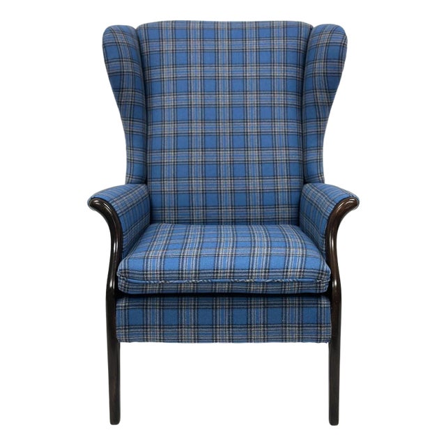 1960s Blue Plaid Parker Knoll Wing Armchair For Sale