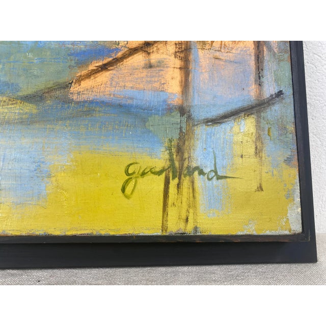 This is a mid century abstract Impressionist oil on canvas city scape. This oil painting is presented in a painted black...