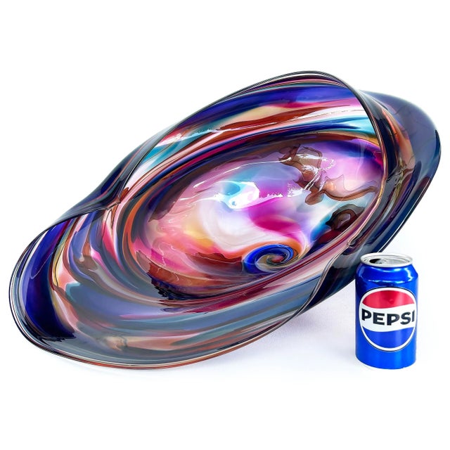 Monumental David Goldhagen Blown Art Glass Centerpiece Bowl, American Offered for sale is a monumentally scaled hand-blown...