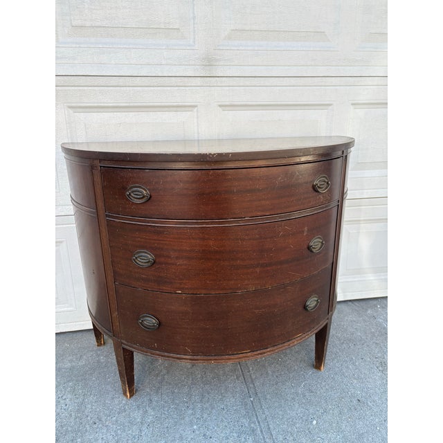 Vintage Mahogany Demilune Dresser| Federal Revival Bow Front Chest | Traditional Colonial Style Bedroom Storage Accent Furniture | Dark Wood For Sale - Image 11 of 12