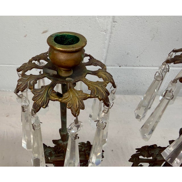 Pair of Antique Ornate Figural Brass Marble Crystal Girandole Candle Holders For Sale - Image 4 of 13