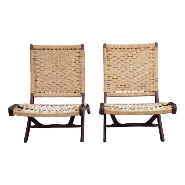 Hans Wegner Style Folding Rope Chairs Mid Century Modern Lounge Chairs Pair For Sale
