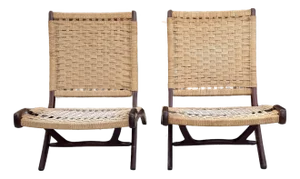 Hans Wegner Style Folding Rope Chairs Mid Century Modern Lounge Chairs Pair