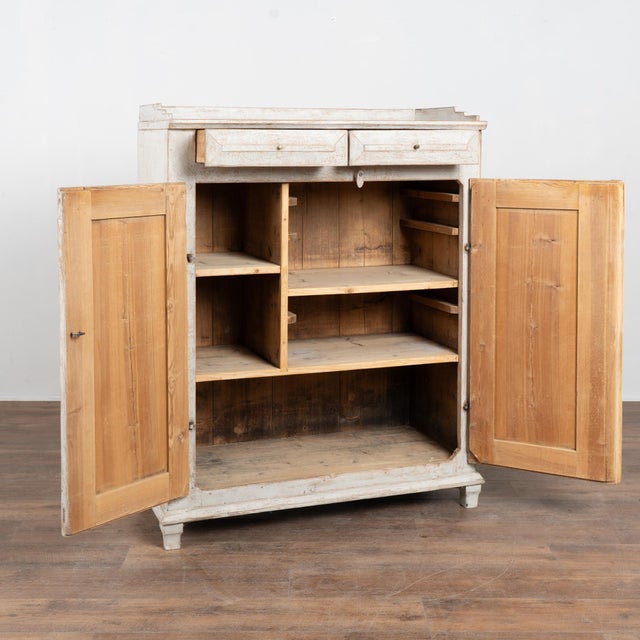 19th Century Swedish Gray Painted Pine Sideboard Swedish pine sideboard with fluted panel doors, painted finish in light...