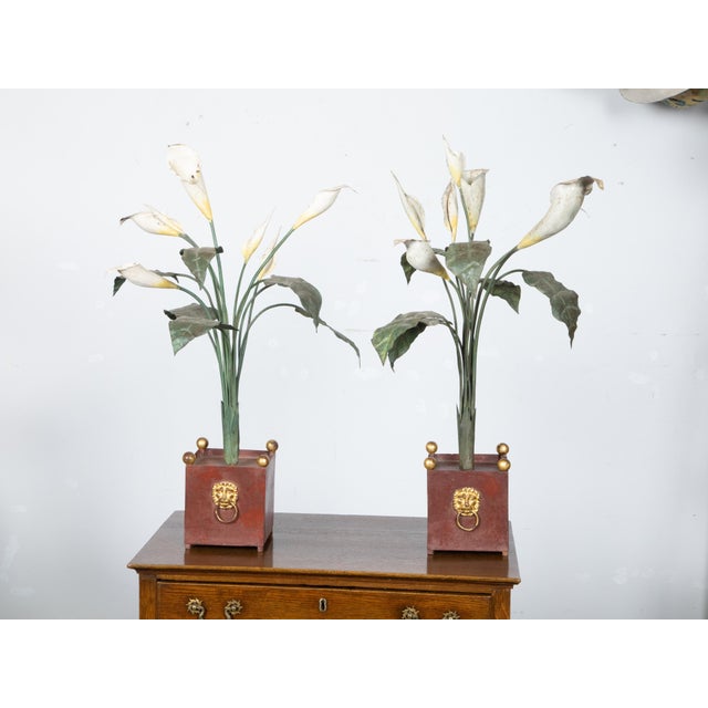 Pair of Italian 1930s Tôle Calla Lillies Sculptures in Red and Gold Containers For Sale - Image 9 of 12