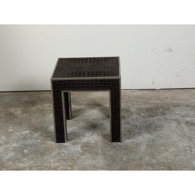 Vintage Italian Midcentury Faux Alligator Side Table with Metal Accents For Sale In Atlanta - Image 6 of 10