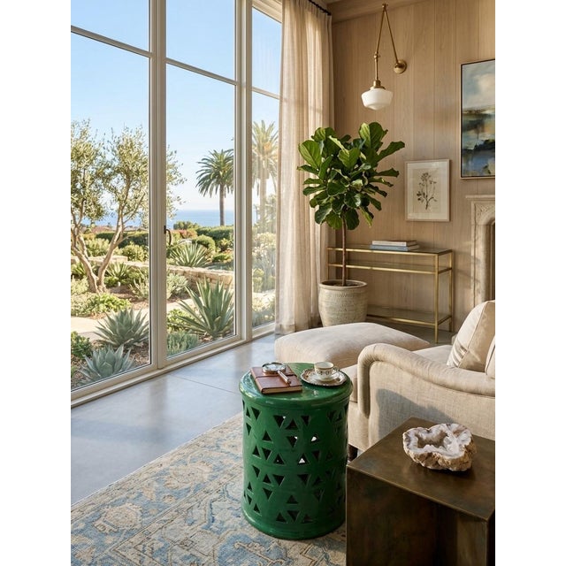 Vintage Moroccan Emerald Green Pierced Ceramic Garden Stool & Lantern For Sale - Image 9 of 10