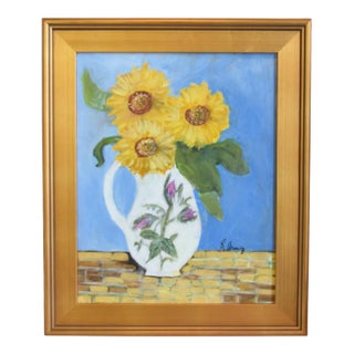 Bouquet of Yellow Sunflowers Floral Oil Painting Displayed in an Antiqued Gold Wood Frame For Sale