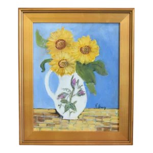 Bouquet of Yellow Sunflowers Floral Oil Painting Displayed in an Antiqued Gold Wood Frame