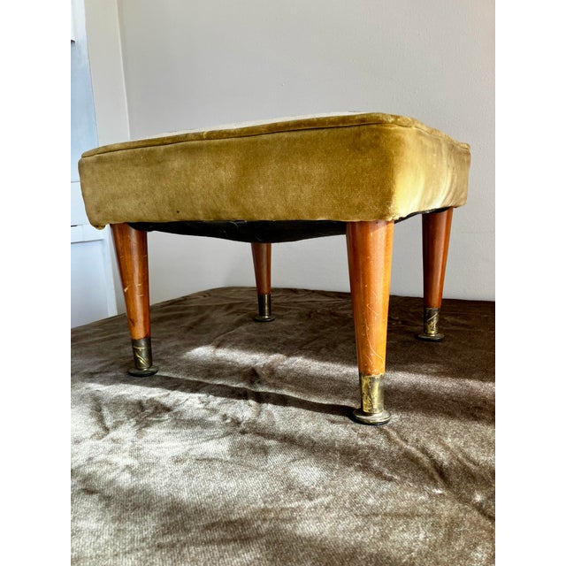 Mid-Century Modern Needlepoint & Chartreuse Velvet Footstool — Vintage Square Ottoman With Tapered Walnut Legs and Brass Ferrule Accents For Sale - Image 11 of 18