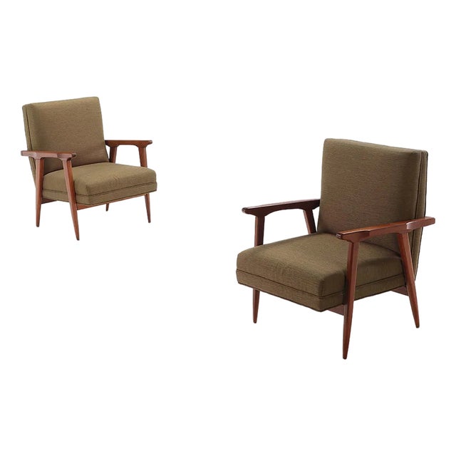 Pair of Walnut Open Arm Chairs, C. 1950 For Sale
