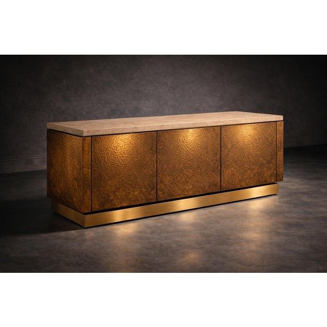 Hand-Hammered Brass Sideboard with Travertine Top from Justfurnituress SRL For Sale - Image 4 of 11