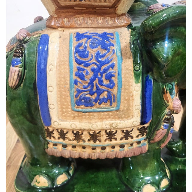 Pair Vintage Chinese Asian Glazed Terracotta Elephant Garden Stool Table Benches For Sale - Image 16 of 18