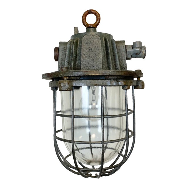 Gray Industrial Cast Iron Cage Pendant Light, 1960s For Sale