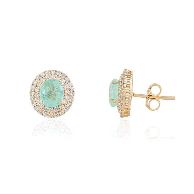 VR Jewels 1.93cts Double Halo Diamond Set Paraiba Tourmaline Earrings in 14k Gold- A Pair For Sale - Image 4 of 16
