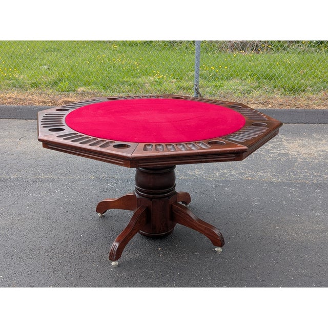Vintage 54" Octagonal Poker & Chess Game Table With Vibrant Red Felt For Sale - Image 15 of 18