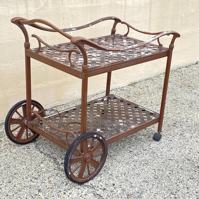 Brown Late 20th Century Cast Aluminum Metal Lattice Garden Patio Serving Bar Tea Cart Side Table For Sale - Image 8 of 10