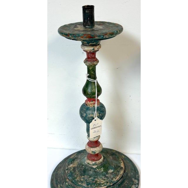 Pair Tuscan Polychrome Wooden Altar Candlesticks, Worn Patina, 18th / 19th C. For Sale - Image 12 of 17