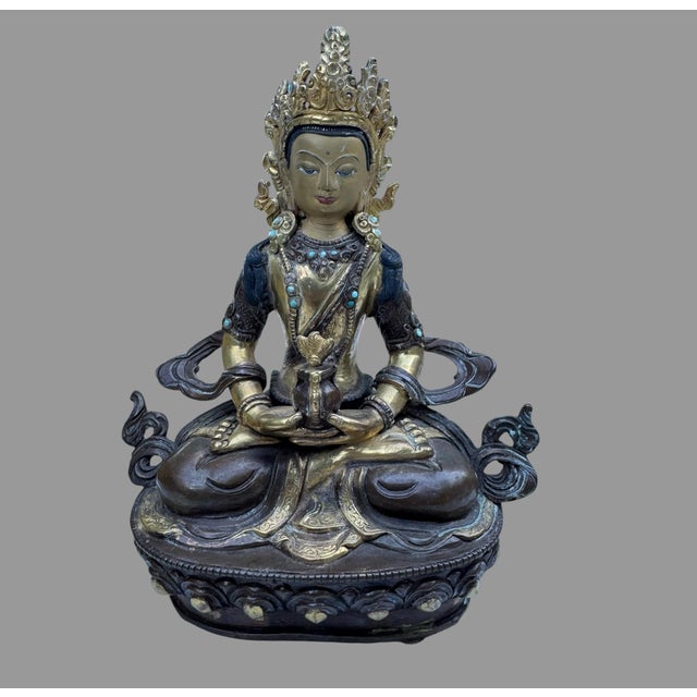 Tibetan Gilt Bronze Amitayus Buddha Statue Turquoise Inlay Sealed 8” For Sale - Image 6 of 10