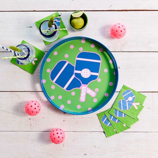 Modern Pickleball Green & Blue Round Tray For Sale - Image 3 of 4