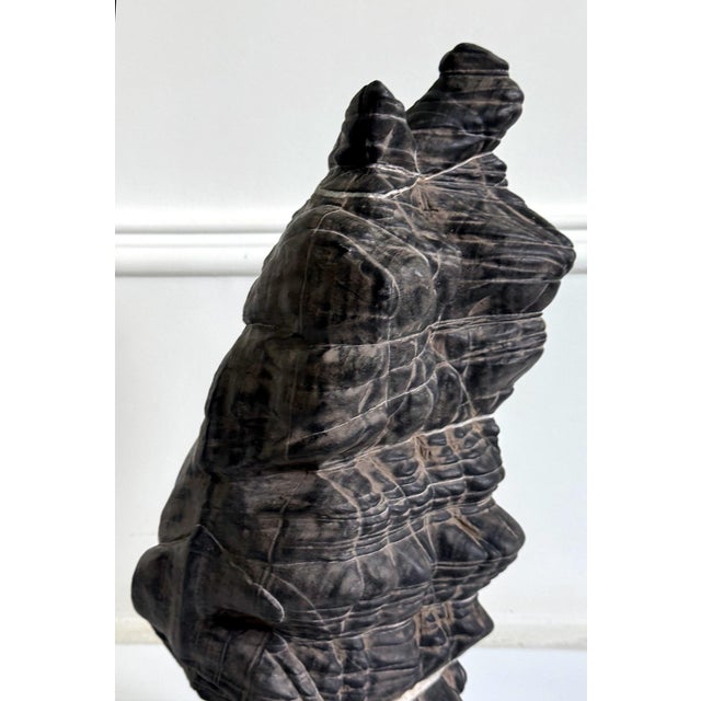 Asian Rare Chinese Antique Black and White Lingbi Scholar Stone on Display Stand For Sale - Image 3 of 18