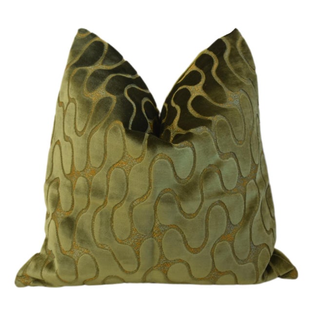 Mid-Century Modern Style Abstract Green Velvet Feather/Down Pillow For Sale - Image 4 of 5