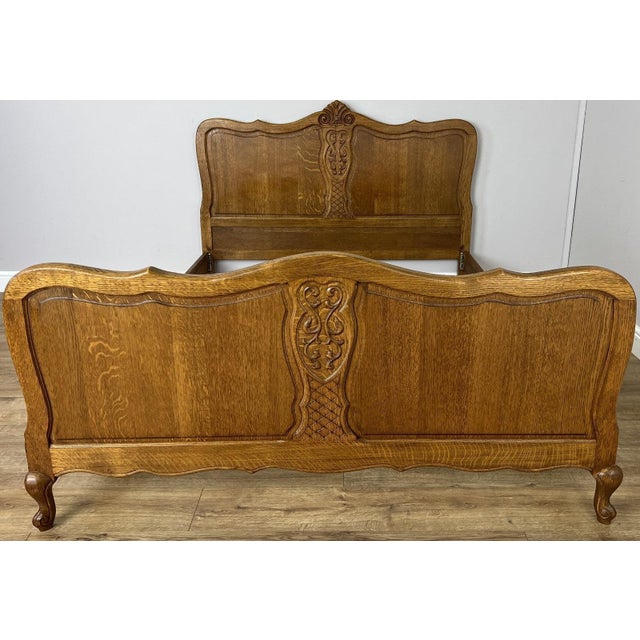 Vintage French Louis XVI Oak Double Bed Frame with Carved Headboard For Sale - Image 13 of 13