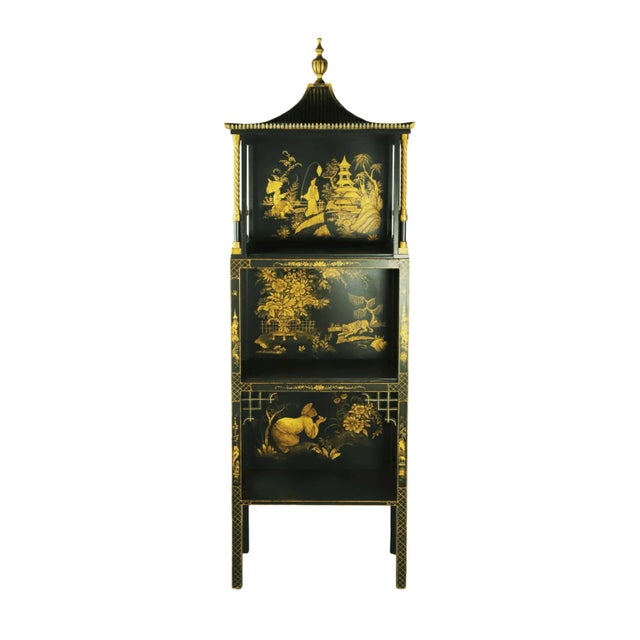 vintage Louis XVI Style Chinoiserie Display Case Cabinet with a pagoda-shaped top, three shelves, black lacquer hand-...