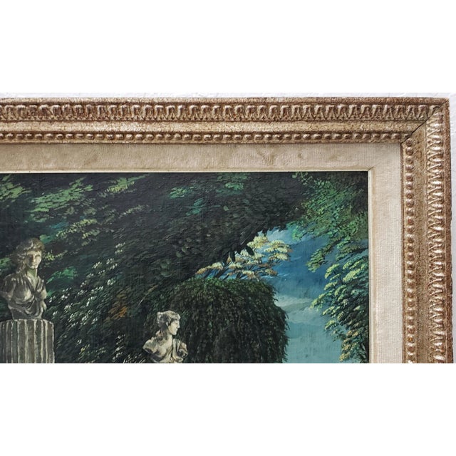 Landscape of Classical Sculptures Overlooking a Lush Country By Robert Franke c.1950s Fantastic original oil painting with...