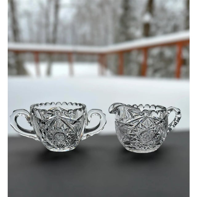 Antique American Brilliant Period Cut Crystal Glass Sugar Creamer Set For Sale - Image 9 of 12
