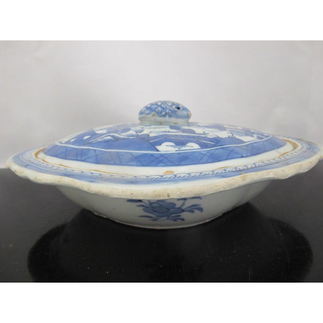 Blue Chinese Export 19thc Canton Blue Village Porcelain Oval Serving Bowl With Lid For Sale - Image 8 of 13