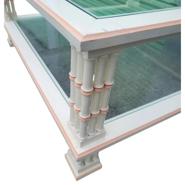 Thomasville Vintage Thomasville Style Square Faux Bamboo Off White Pink Triple Leg Glass Top Coffee Table For Sale - Image 4 of 10