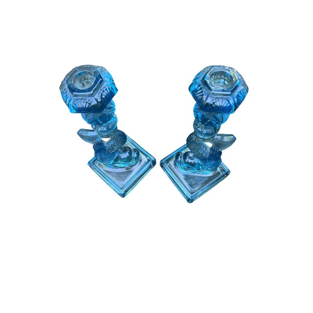 Vintage Metropolitan Museum of Art Imperial Blue Glass Koi Candlesticks - A Pair For Sale - Image 4 of 4