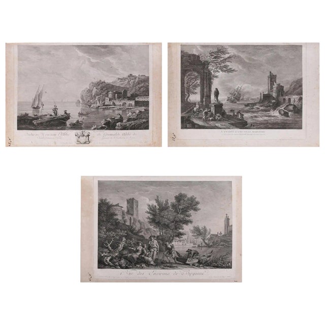 French Empire Maritime Etchings of Ships and Workers in Village Harbour - Set of 3 For Sale