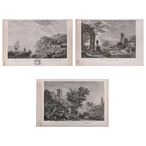 French Empire Maritime Etchings of Ships and Workers in Village Harbour - Set of 3