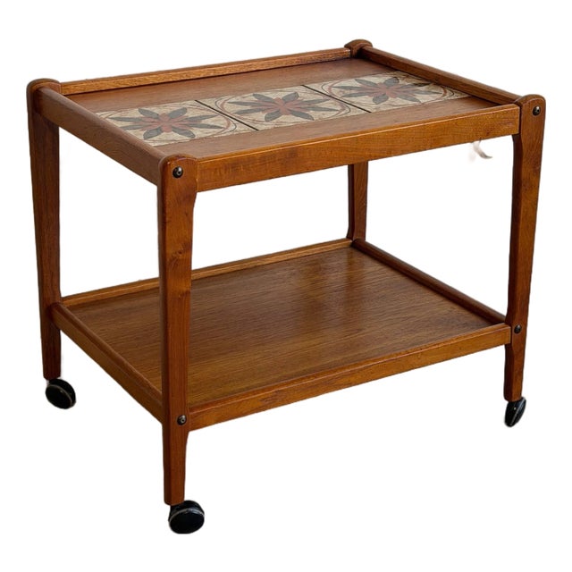 Teak Tile-Top Rolling Bar Cart Danish Mid-Century Modern Tea Trolley 1960s For Sale