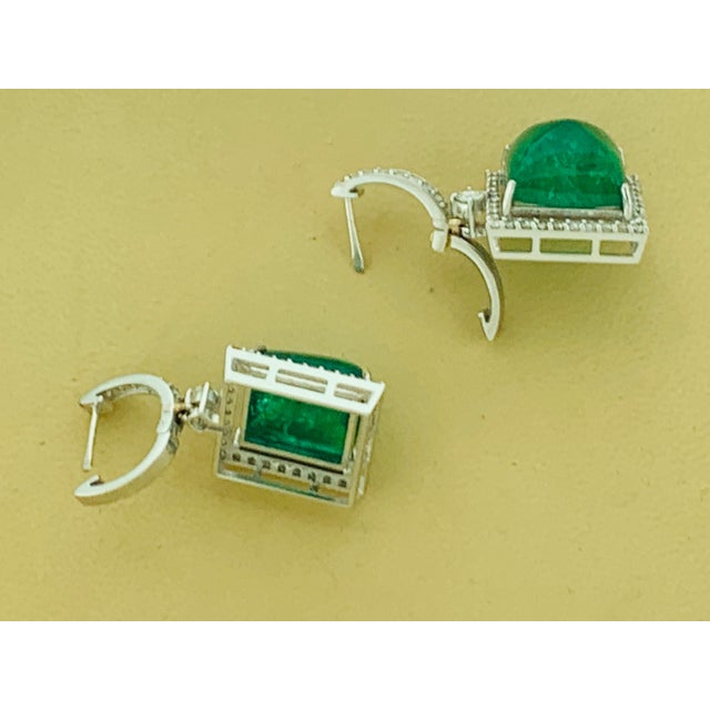 2010s 32Carat Natural Zambian Emerald Sugar Loaf Cabochon & Diamond/Drop Earrings 18KG For Sale - Image 5 of 18