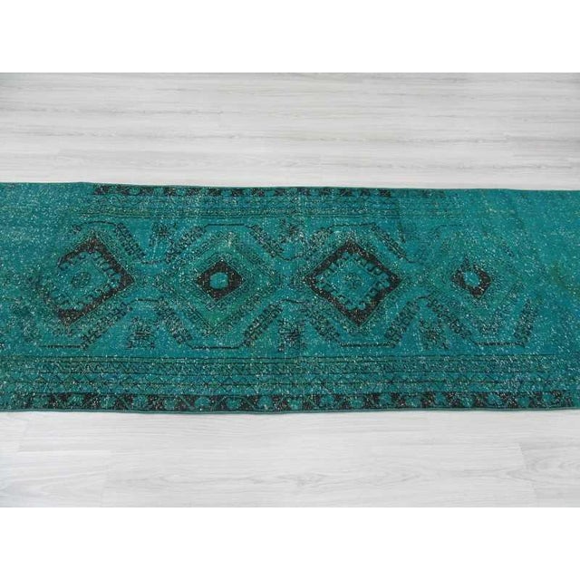 Vintage Turkish Turquoise Blue Overdyed Runner Rug 3′4″ × 12′ Chairish