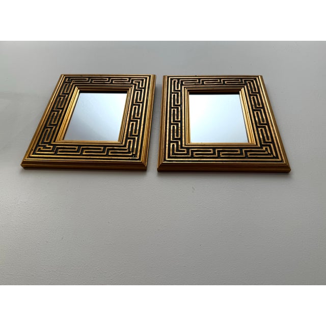 Wood Pair of Vintage Traditional Neoclassical Greek Key Gold Finish Accent Wall Mirrors For Sale - Image 7 of 12