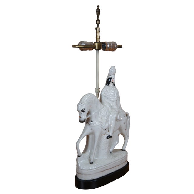 English Antique Staffordshire Scottish Highlander Horse Deer Stag Hunt Table Lamp For Sale - Image 3 of 12