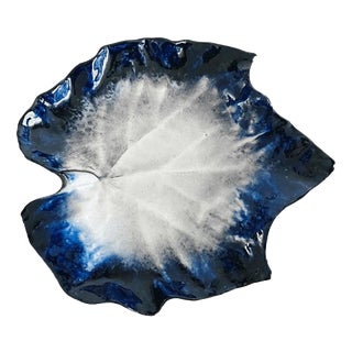 Vintage Blue Leaf-Shaped Dish in Ceramic, 1950s For Sale