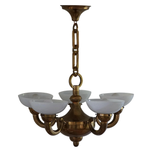 Danish Modern Art Deco Chandelier in Glass & Brass, 1940s
