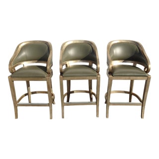 Set of Three Contemporary Modern Green Leather Silver Gilt Bar Stools Barstools For Sale