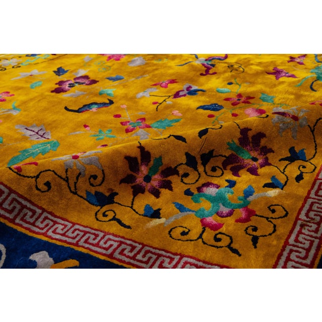 Goldenrod 1920s Antique Peking Chinese Wool Rug Handmade With Floral Design in Goldenrod For Sale - Image 8 of 9