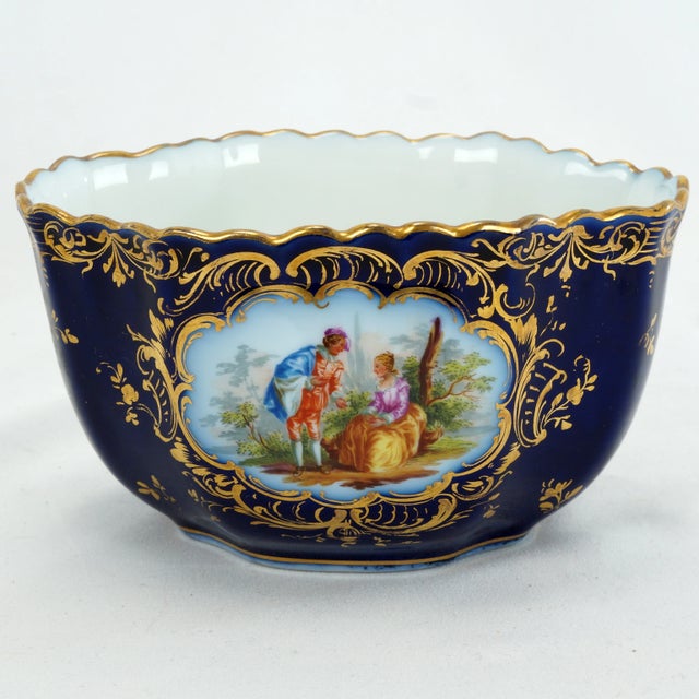 Dresden Porcelain Antique German Richard Klemm Dresden Cobalt Blue Gold Courting Couple Creamer Sugar Set For Sale - Image 4 of 15