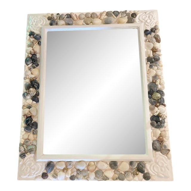 Stunning Beveled Blue and White Seashell Mirror 26" X 32" For Sale