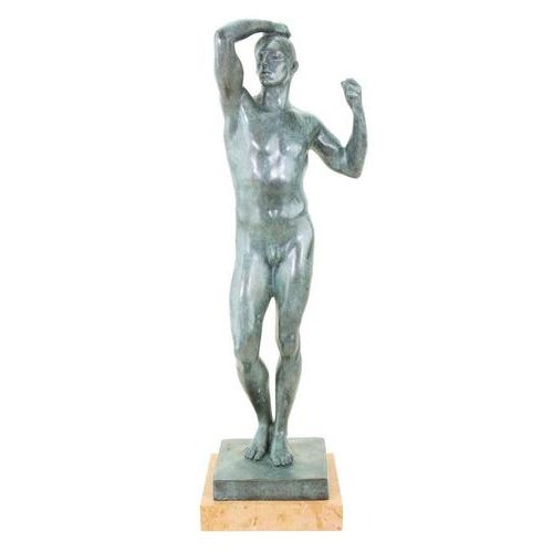 20th century modern green patinated bronze sculpture represents a standing male nude inspired by Auguste Rodin. This...